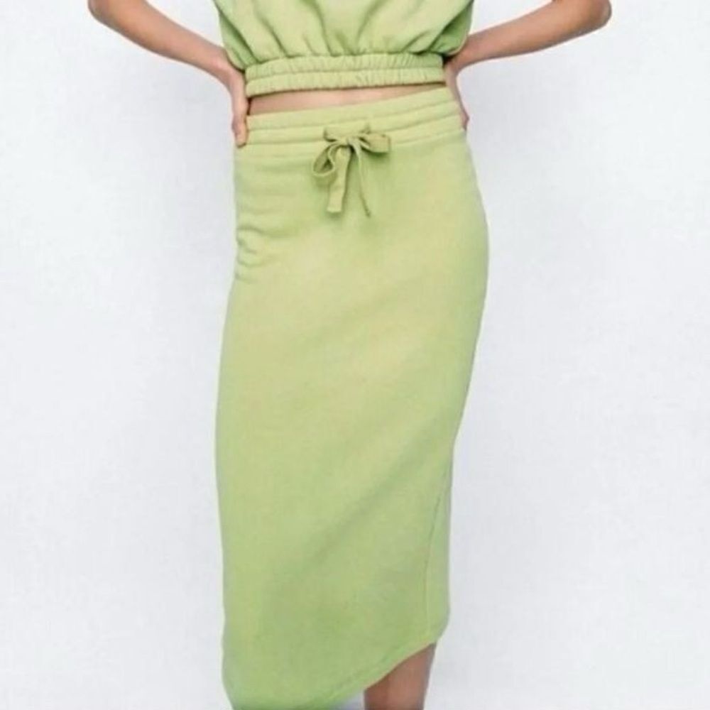 Zara Lime Green Fleece Midi Skirt Drawstring Waist‎ Back Slit Small